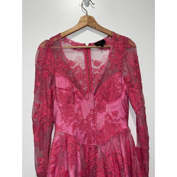 Bardot Pink Y2K Lace Corset Long Sleeve Sheer Women's Mini Dress Size M - Picture 3 of 8